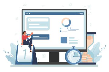 Employee efficiency online service or platform. Business staff management for a productive day. Human resources management. Online research. Flat vector illustration